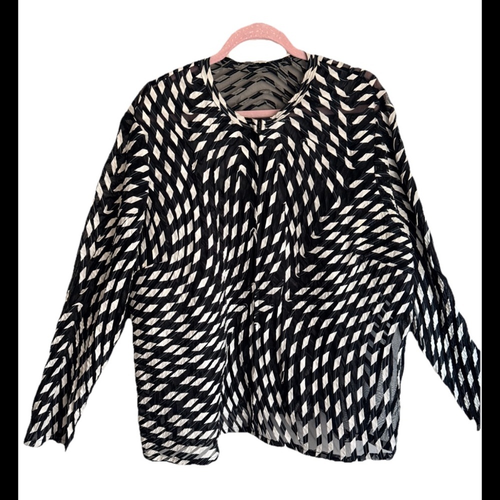 LAURA ASHLEY Semi-Sheer Black White Geometric Full Zip Jacket Sz 1X